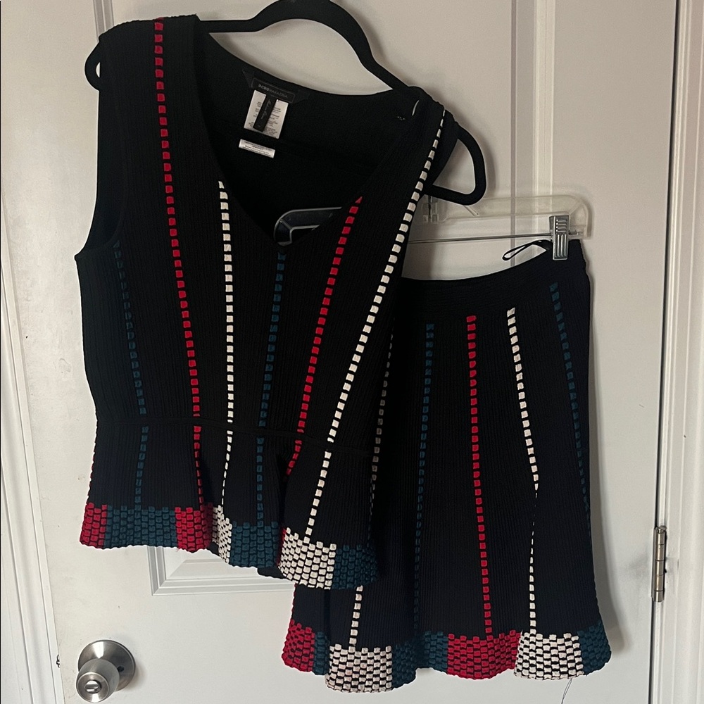 BCBGMaxAzria Black Knit Two-Piece Set with Red, Teal & White Accents
